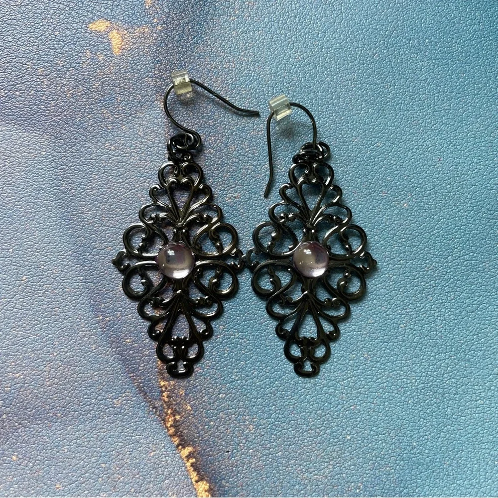 Pewter Filigree Boho Drop Earrings Pink Purple Stone Accent Y2K Dainty‎ Jewelry
